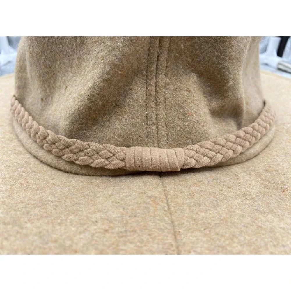 ASN Wide Brim Sun Hat Womens OS Tan Wool Blend‎ Braided Trim Floppy Fedora